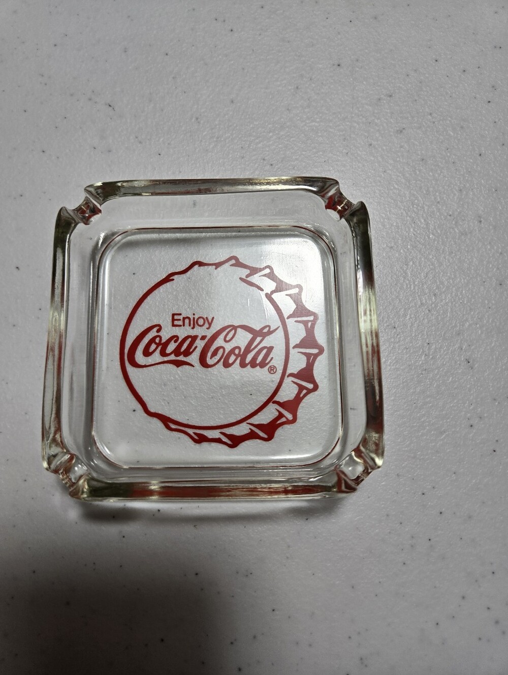1970s Enjoy Coca-Cola Red Bottle Cap Glass Ashtray Advertising Rare Excellent